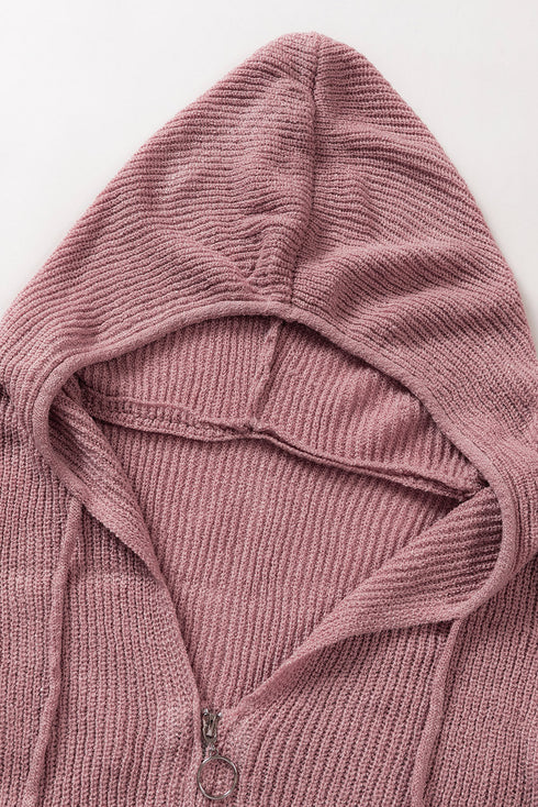 Zipper V-Neck Dropped Sleeve Hooded Solid Sweater